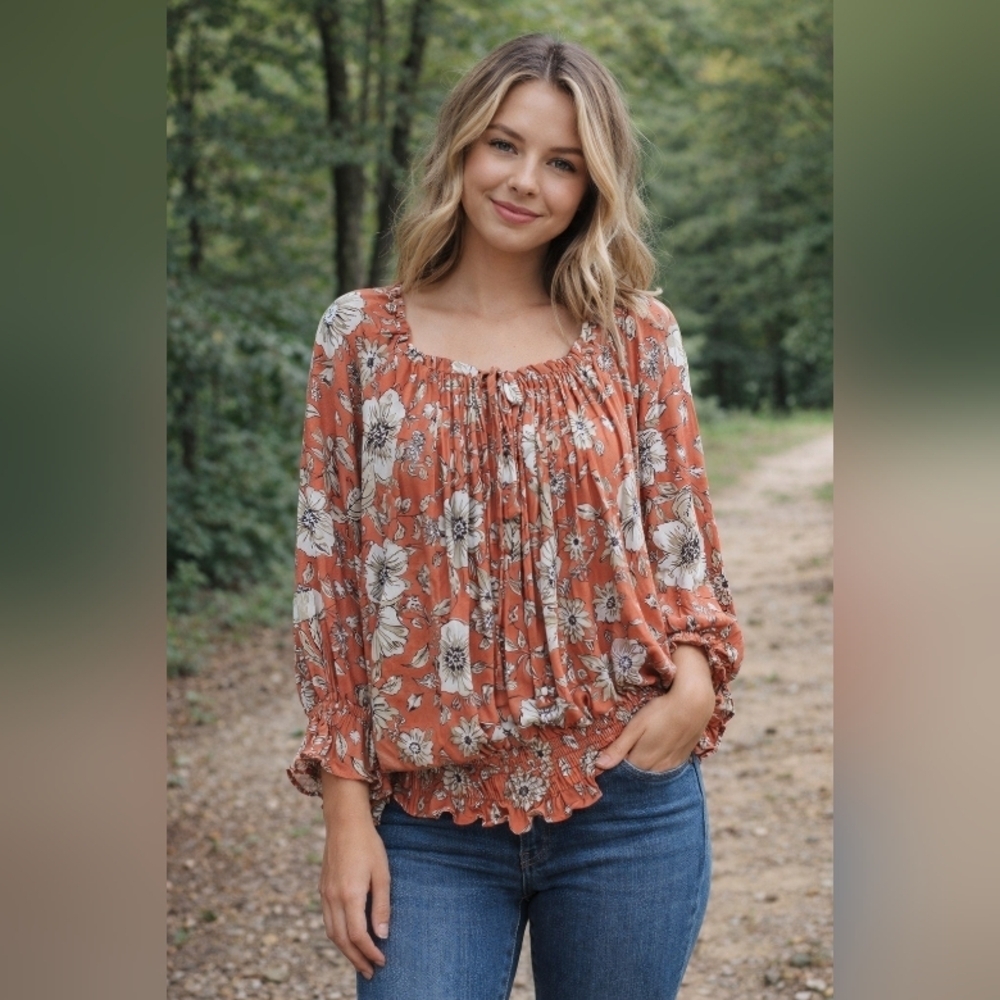 Easel Women's Oversize Top Coral RusticRed Multi Color Boho Lagenlook Size Small